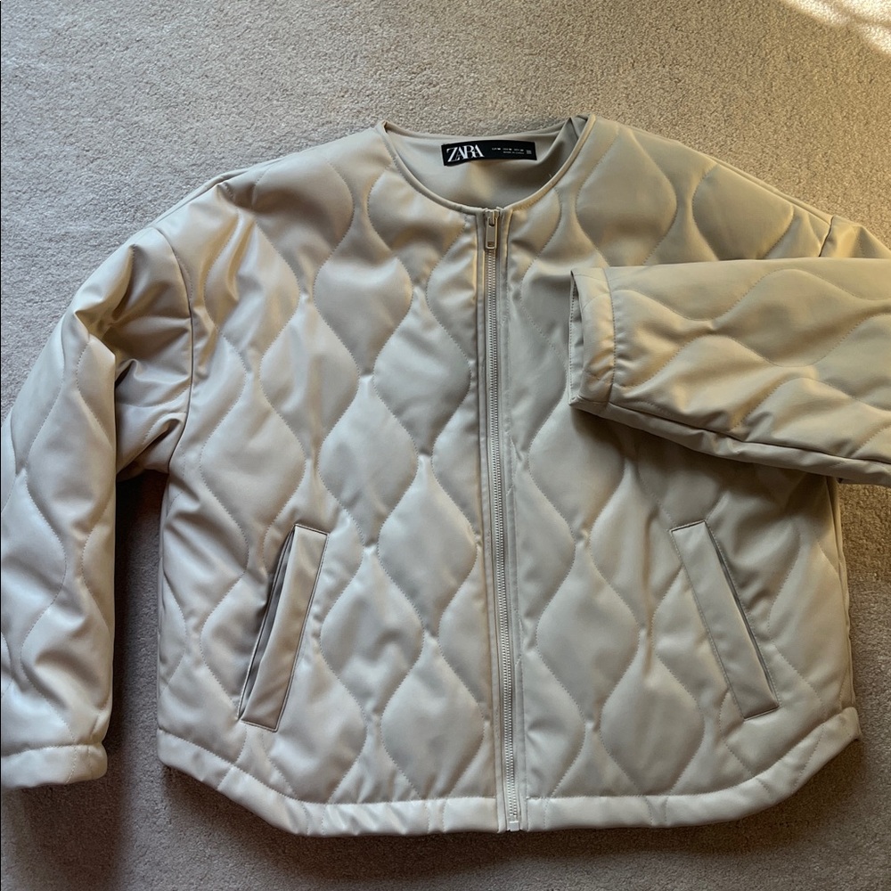 Zara Beige Quilted Jacket fake leather pit to pit 23inch